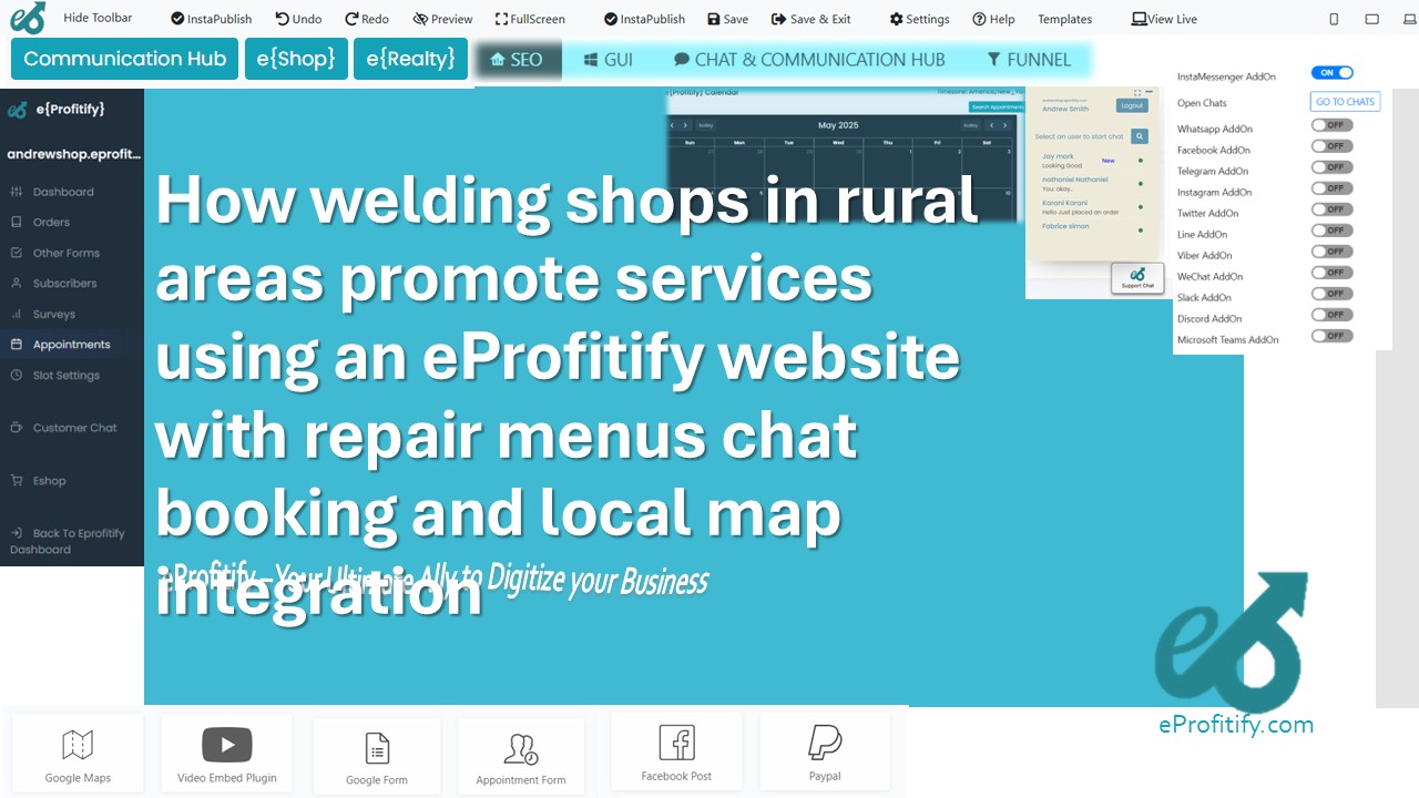 How welding shops in rural areas promote services using an eProfitify website with repair menus chat booking and local map integration